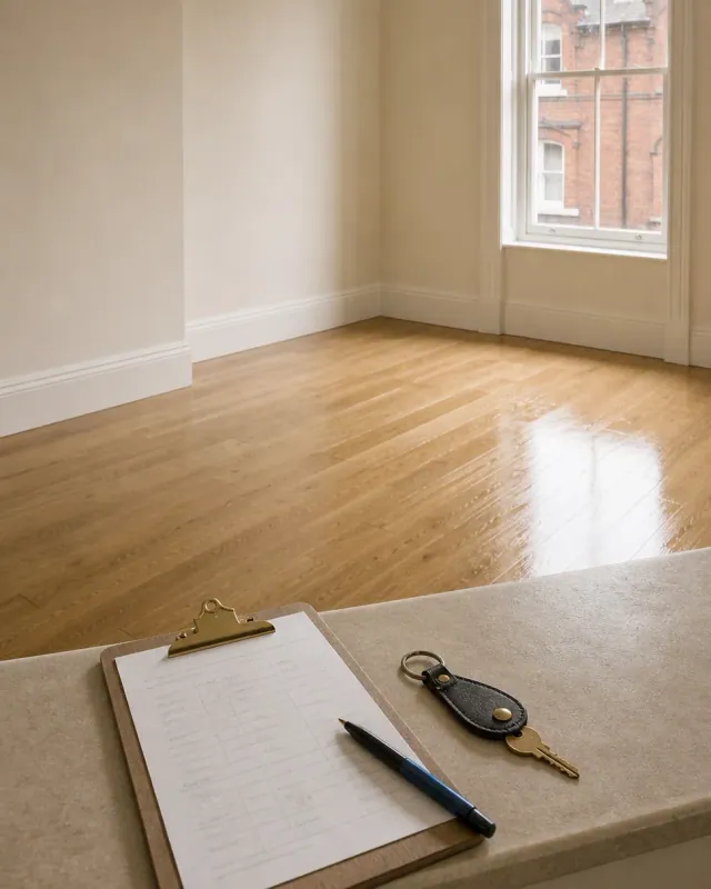 Empty Manchester rental flat with cream walls and pale oak floors, inventory clipboard and brass keys on a window seat, Victorian terrace visible through the sash window
