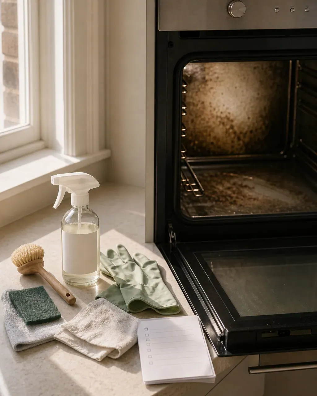 Manchester kitchen at the deliberation point: a partially-cleaned oven with a cleaning kit beside it, sage green gloves, glass spray bottle, wooden brush, microfibres and checklist on the worktop