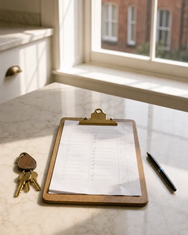 Wooden inventory clipboard with brass keys on a cream marble worktop, Manchester Victorian terrace visible through the sash window