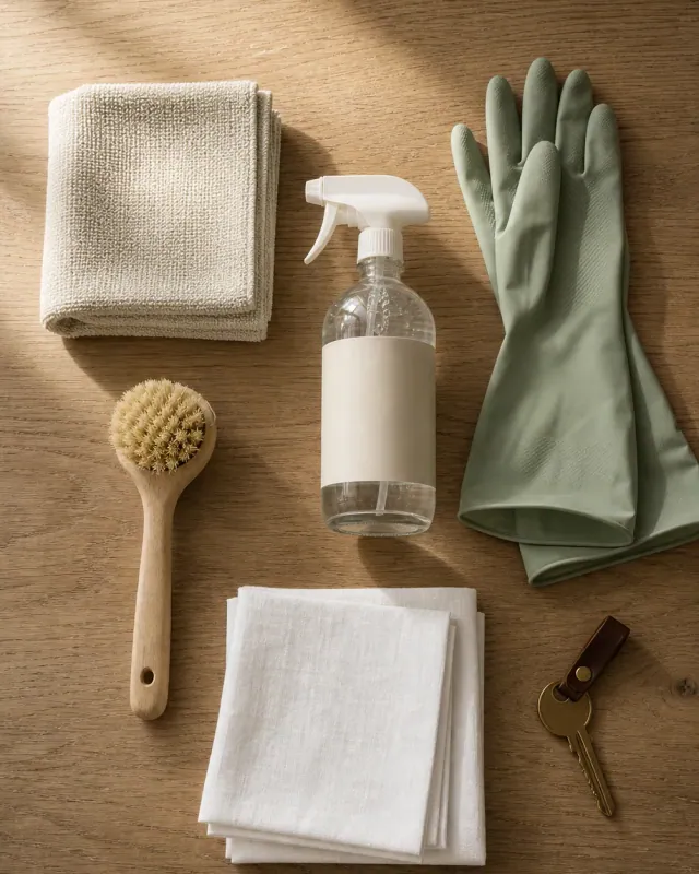 Top-down editorial flat-lay of a Manchester end of tenancy cleaning kit: cream microfibre cloths, glass spray bottle, sage green rubber gloves, wooden brush, brass key on leather fob