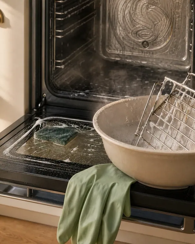 Macro shot of a half-cleaned oven interior with two racks soaking in a foamy washing-up bowl, sage green rubber glove draped over the open oven door