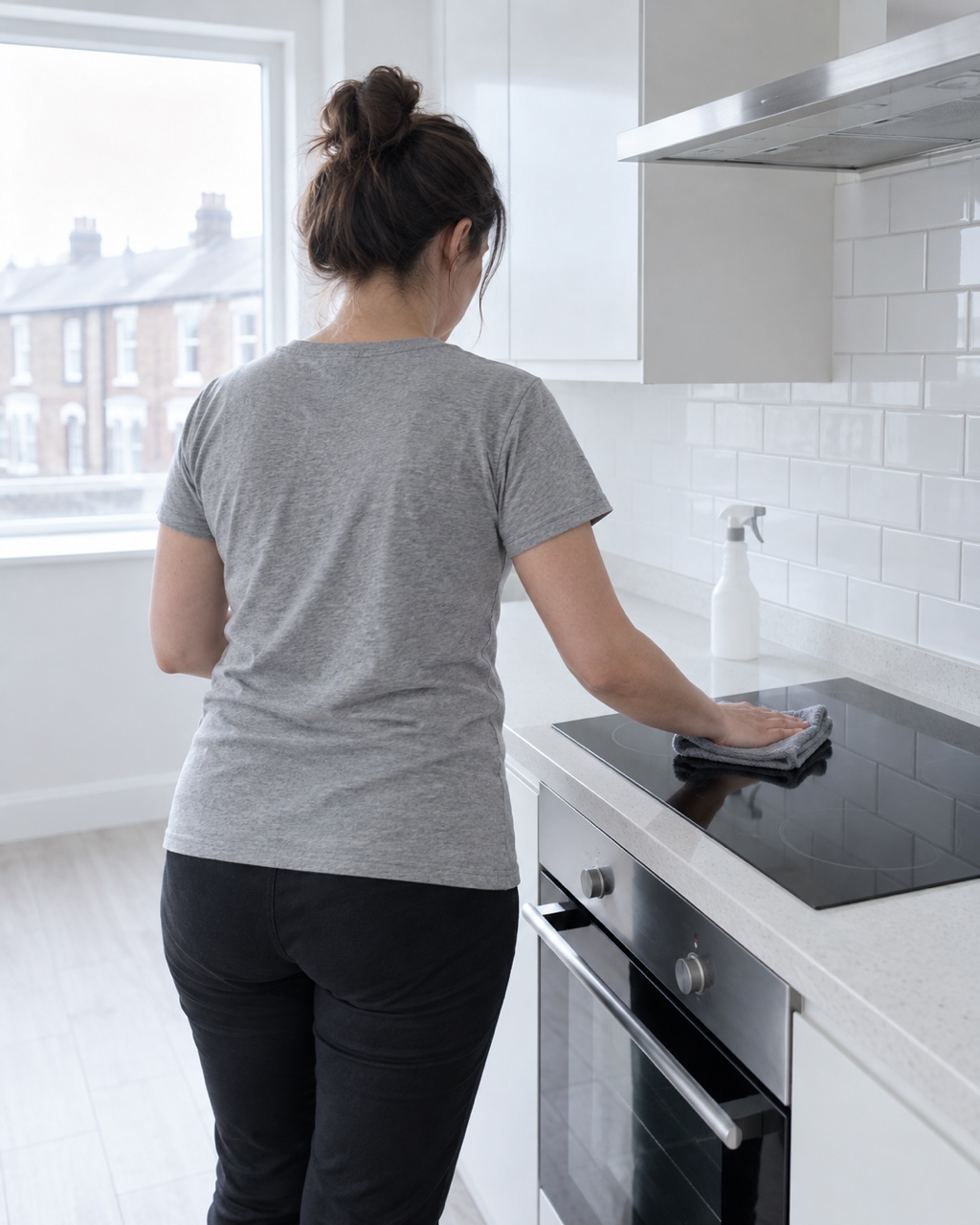 A cleaner polishing an induction hob in a bright kitchen