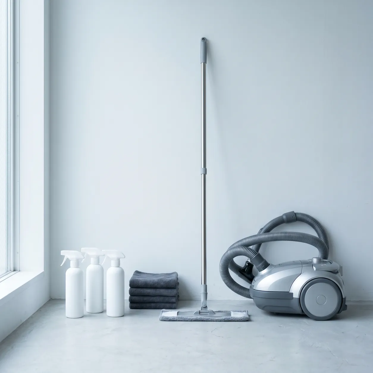 A professional cleaning kit: spray bottles, microfibre cloths, a flat mop and a vacuum cleaner