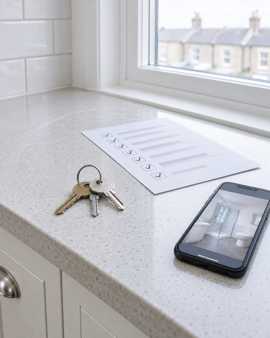 Keys, a checkout checklist and a phone on a clean worktop