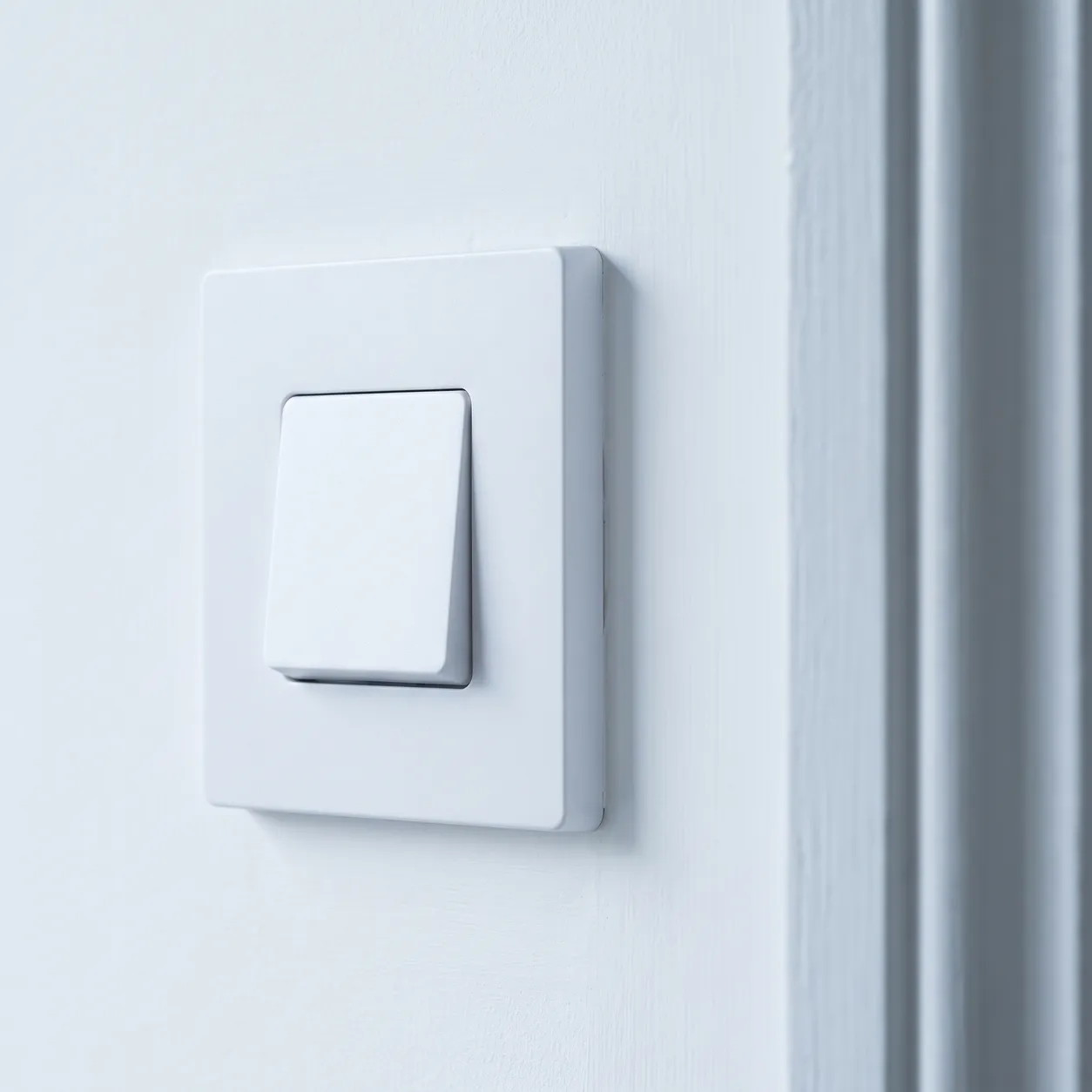 A spotless white light switch beside a painted door frame, wiped to inspection standard