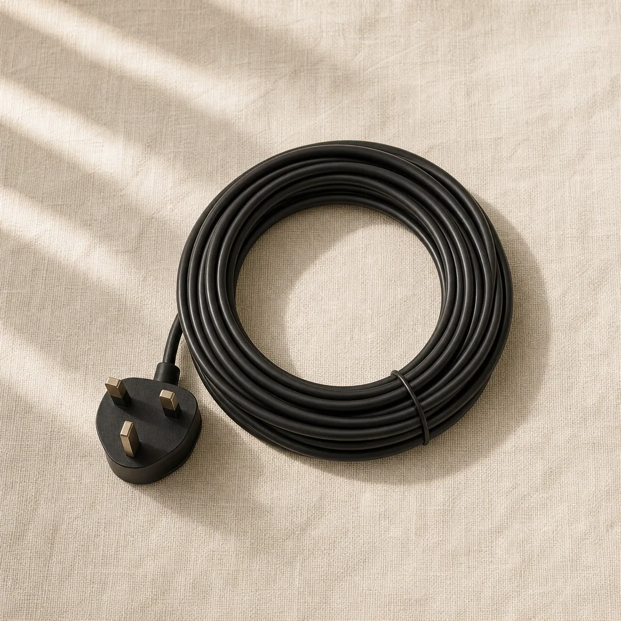 A neatly coiled vacuum cleaner cable with a UK three-pin plug