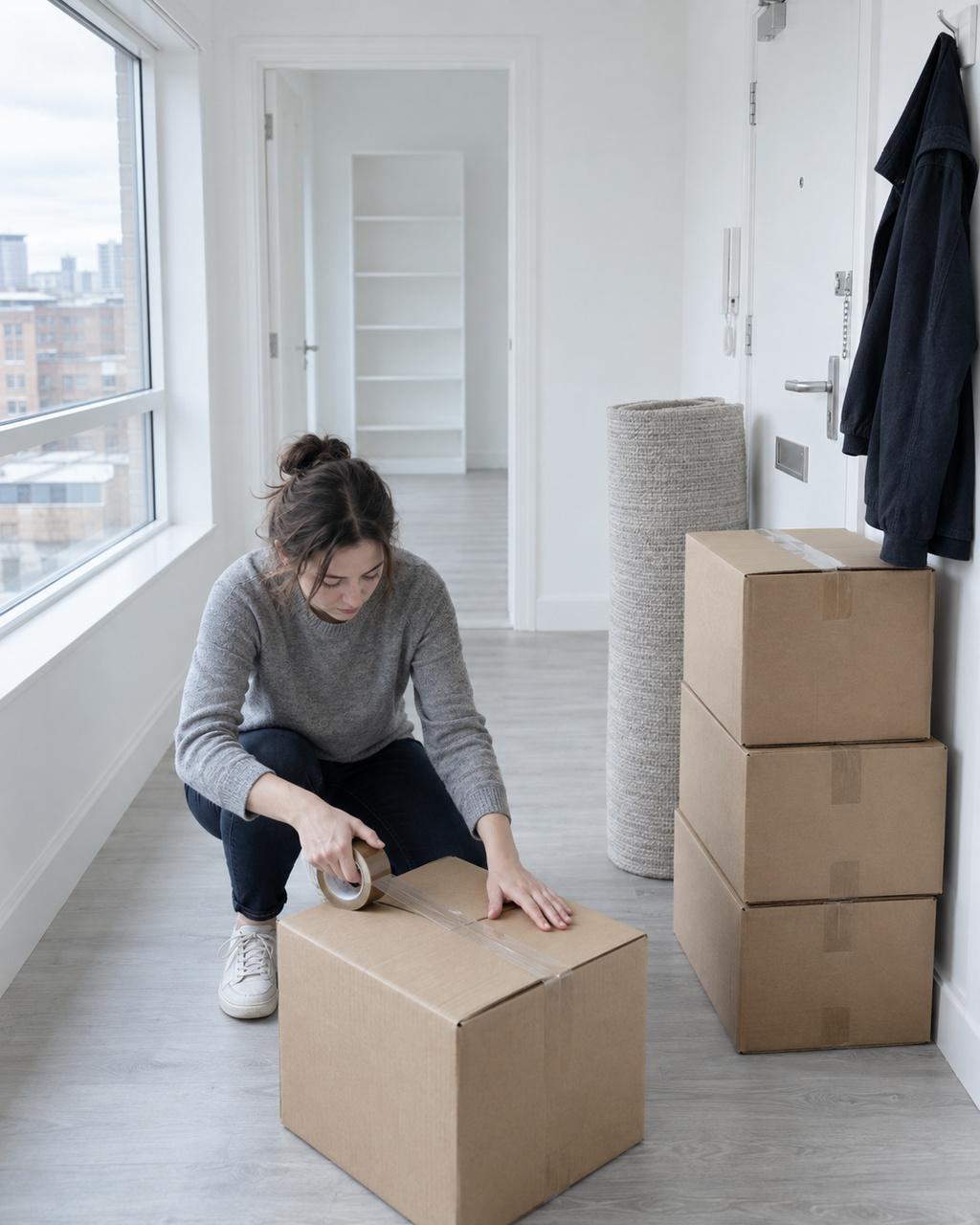A tenant packing a box in a bright flat on moving day