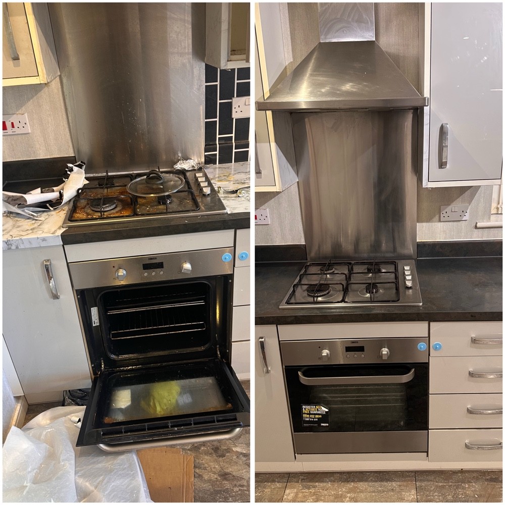 Kitchen hob, splashback and oven before cleaning on the left and after cleaning on the right