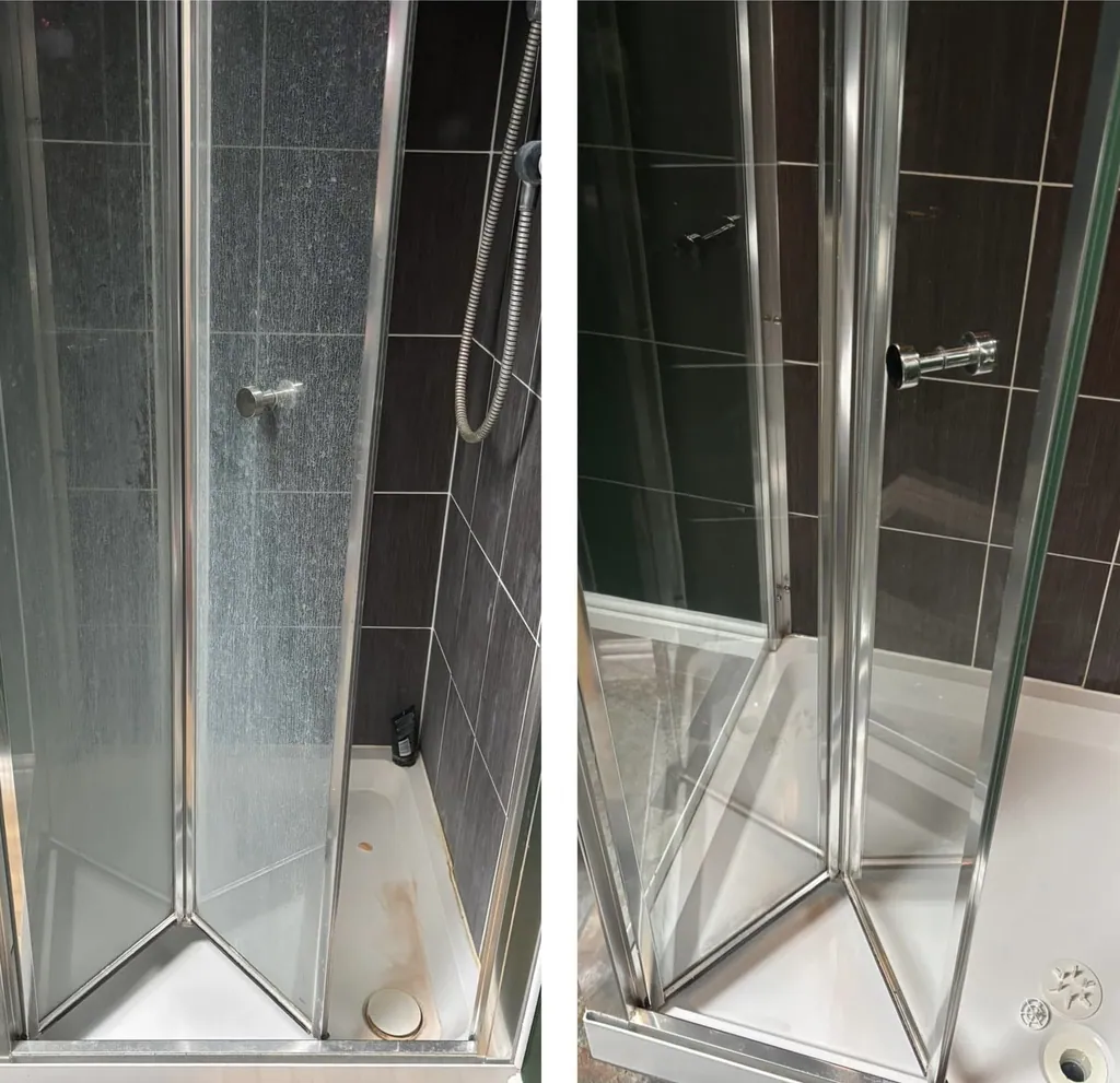 Shower glass and tray with limescale before cleaning on the left, and clear glass and a clean tray on the right, from the Sage Cleans work gallery