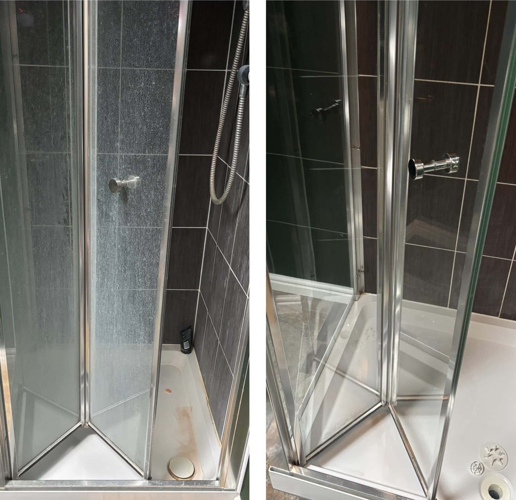 Shower glass and tray with limescale before cleaning on the left, and clear glass and a clean tray on the right