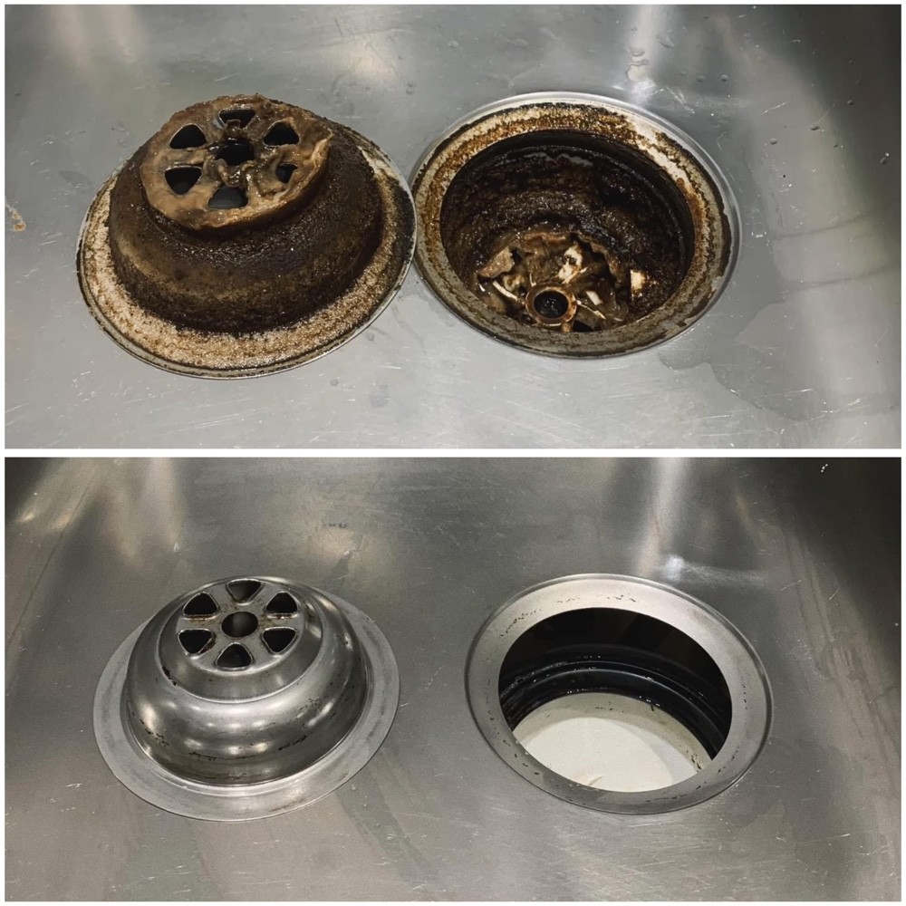 Kitchen sink strainer and plughole with built-up dirt before cleaning above, and the cleaned metal surfaces below